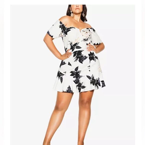 City Chic Dresses & Skirts - City Chic Off The Shoulder Mini Blue Floral Dress Size 24 XXL